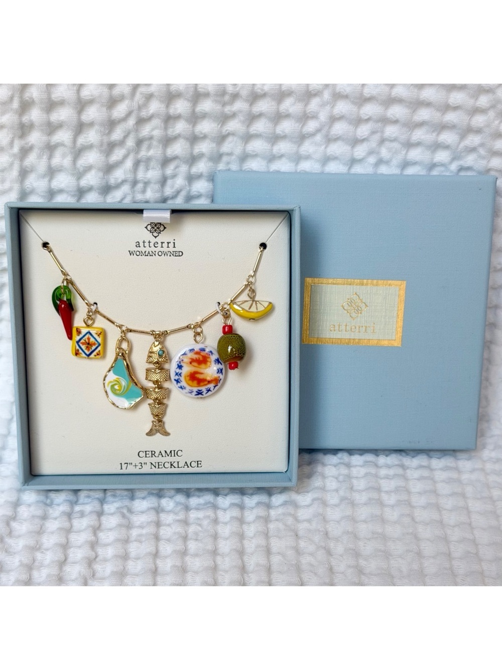 Atterri Tapas Food Charm Necklace 17” Viral Sardine Oyster Lemon Euro Summer NIB